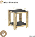 Luxury Gold Glass End Table,Sqaure Sofa Side Table with Shiny Geometric Stainless Steel Base,Black Glass Accent End Table Bedside Table Nightstand for Living Room Bedroom Office