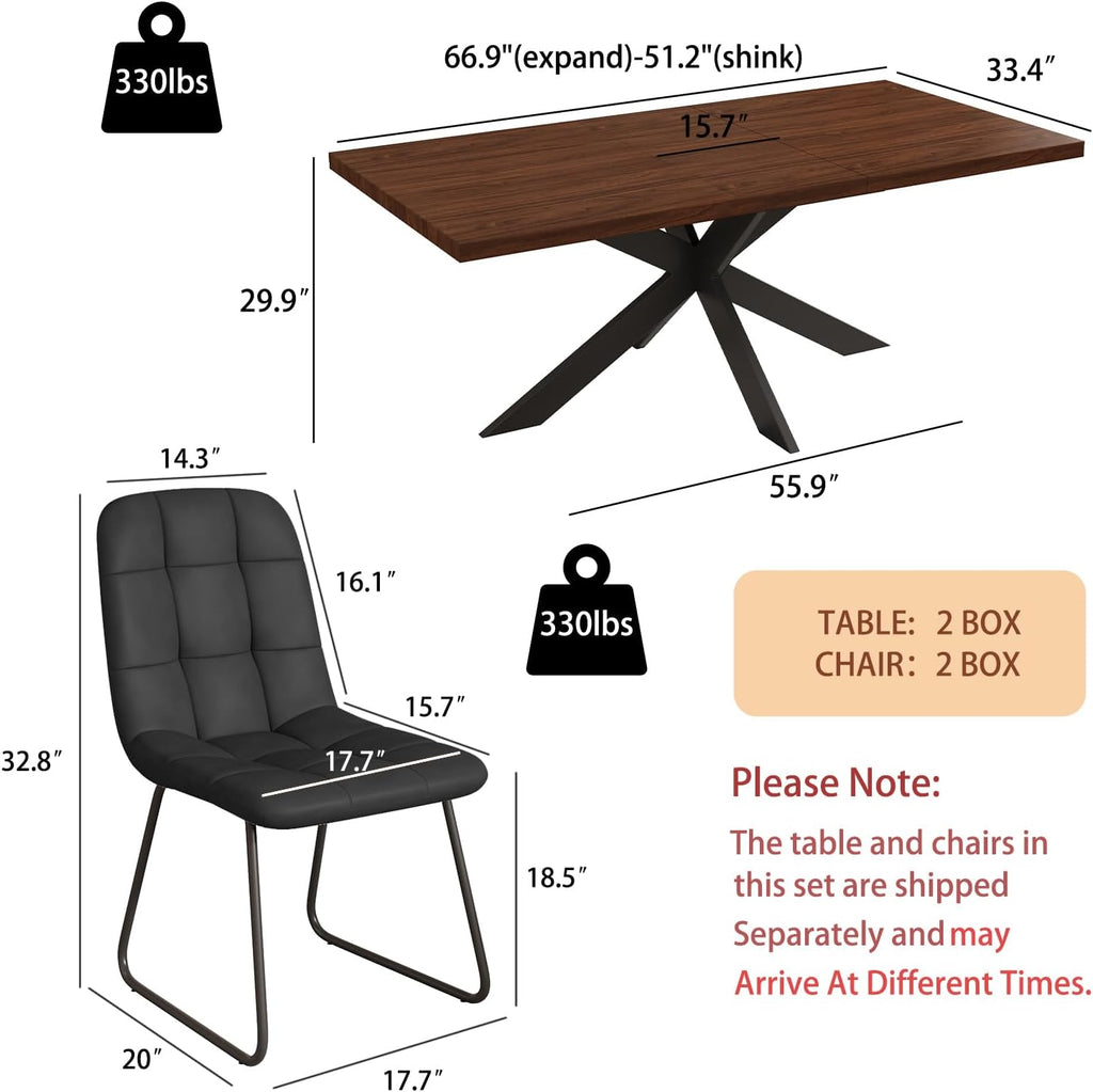 ZckyCine 7-Piece Dining Table Set with 51"-67" Extendable Walnut Wood Table and 6 PU Leather Chairs, Modern Rectangular Kitchen Table Set with Metal Legs, Seats 6, Easy Assembly