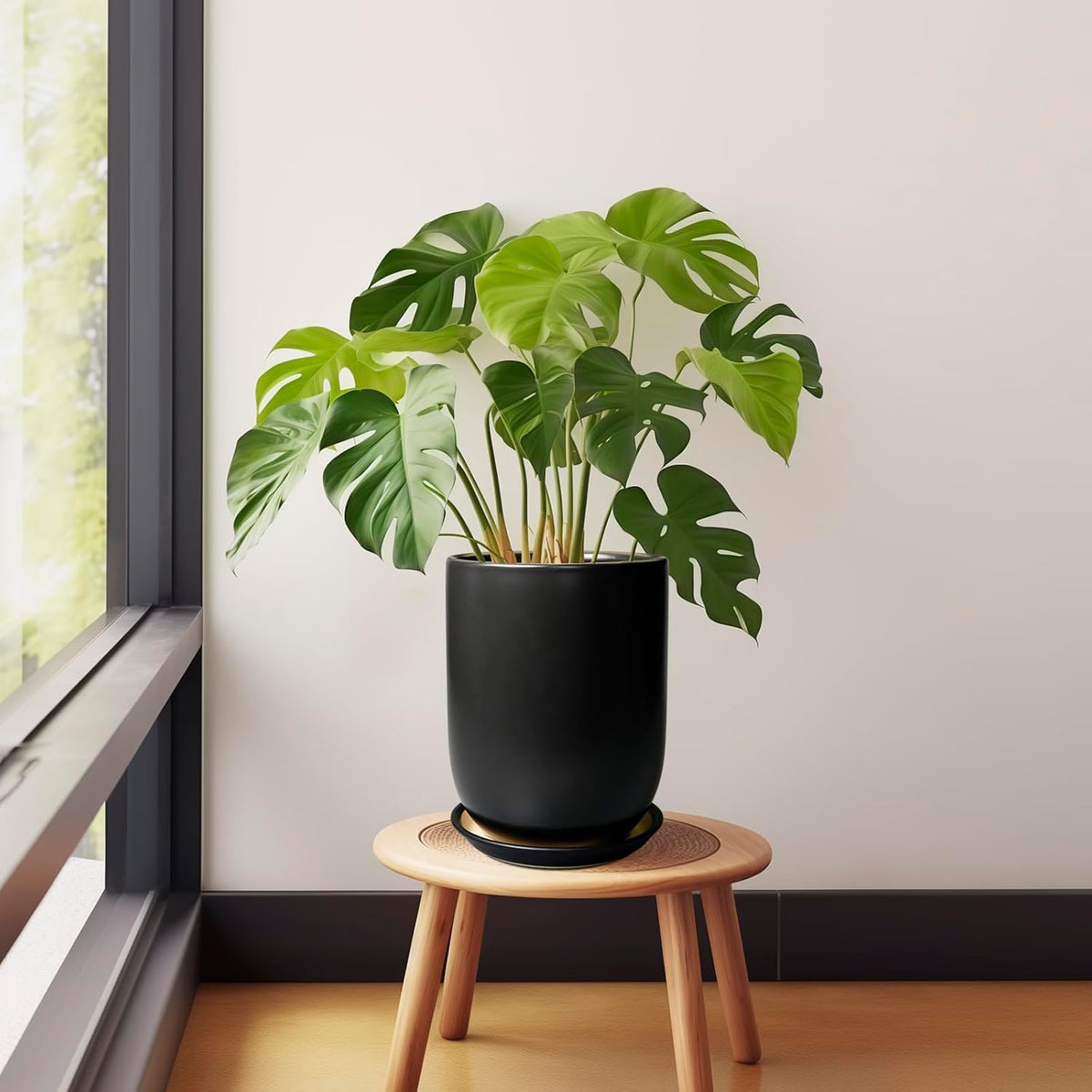 Ceramic Planter 8 Inch - Plant Pot for Indoor Outdoor Plants Cylinder Flower Pot with Drainage Hole and Saucer Black