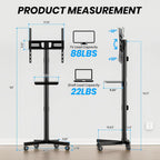 Mobile TV Cart for 23-60 Inch LCD LED OLED Flat Curved Screen TVs - Height Adjustable Rolling Floor Stand with Shelf and Locking Wheels - Up to 88lbs, Max VESA 400x400mm, Black