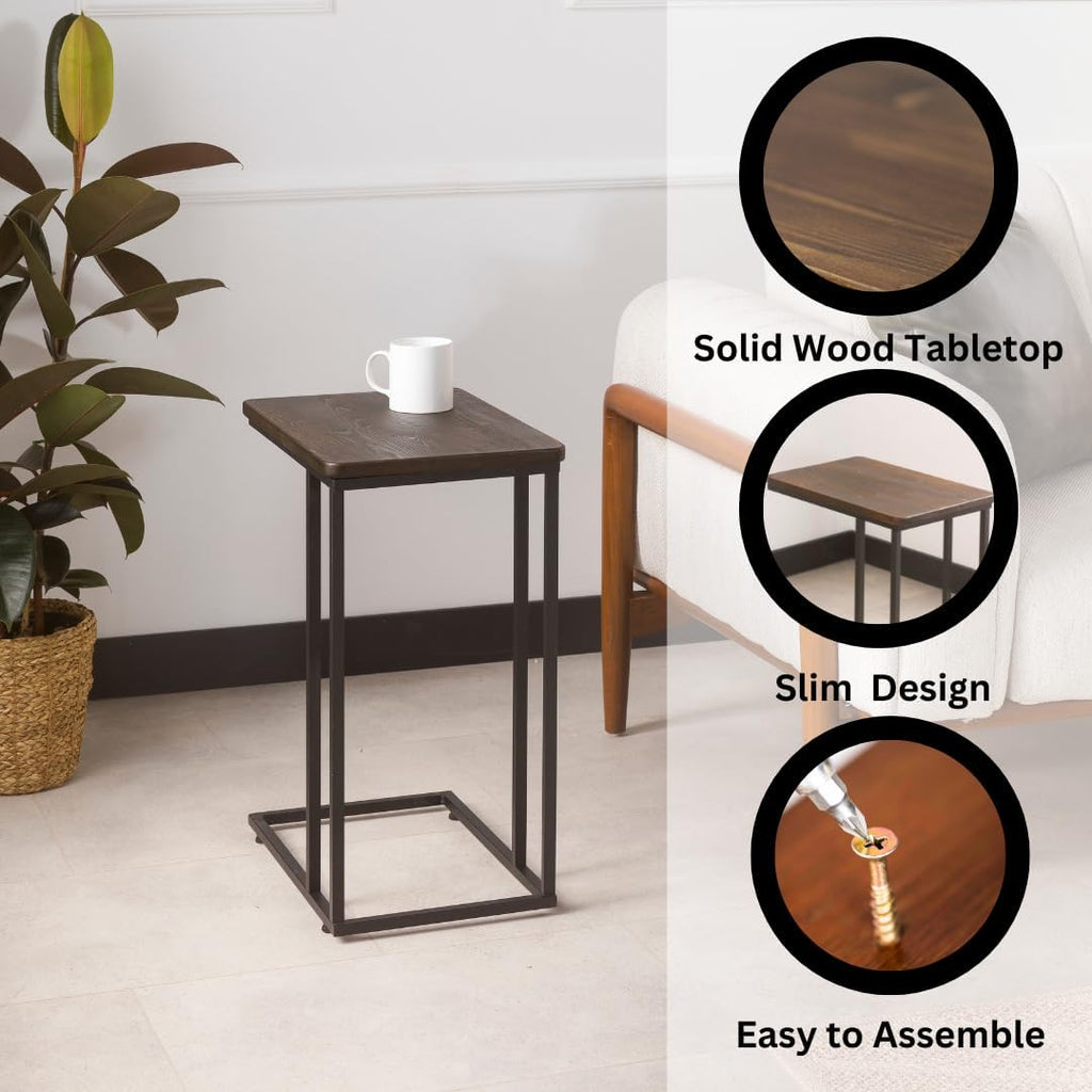 C-Shaped Handmade Solid Wood End Table, Side Table for Couches, Sofa Tables Slide Under Couch for Living Room, Over Couch TV Tray Table for Small Spaces with Metal Legs (Dark Walnut)