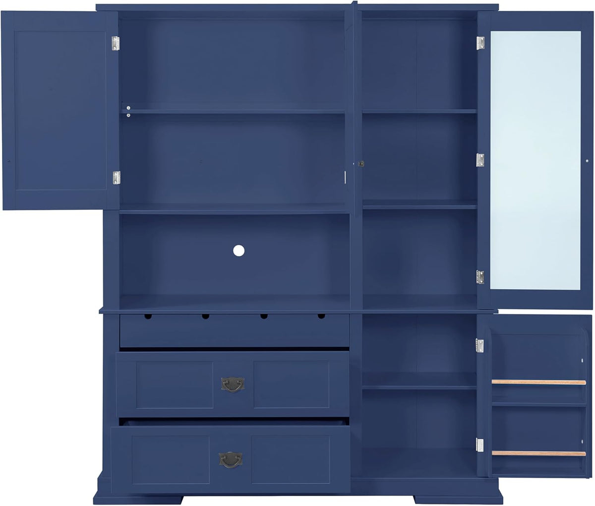 78" Tall Kitchen Pantry Cabinet with Hutch, Large Freestanding Buffet with Drawers, Cabinet Door Organizer and Adjustable Shelves, Wood Tall Storage Cabinet for Kitchen, Dining Room, Blue