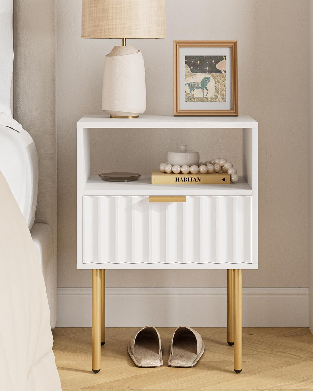 Night Stand,Modern Bedside Table with Drawer and Shelf,White Night Stand with Gold Frame,Small Side Table for Bedroom,Living Room