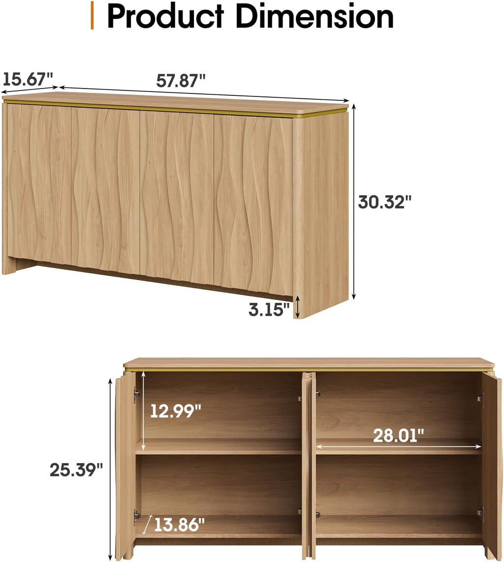 Vabches Fluted Buffet Cabinet with Storage, 3D Ripple Pattern Doors and Curved Edges, Modern Sideboard for Kitchen, Entryway, 4 Doors & Adjustable Shelf, Natural, 57.9" W