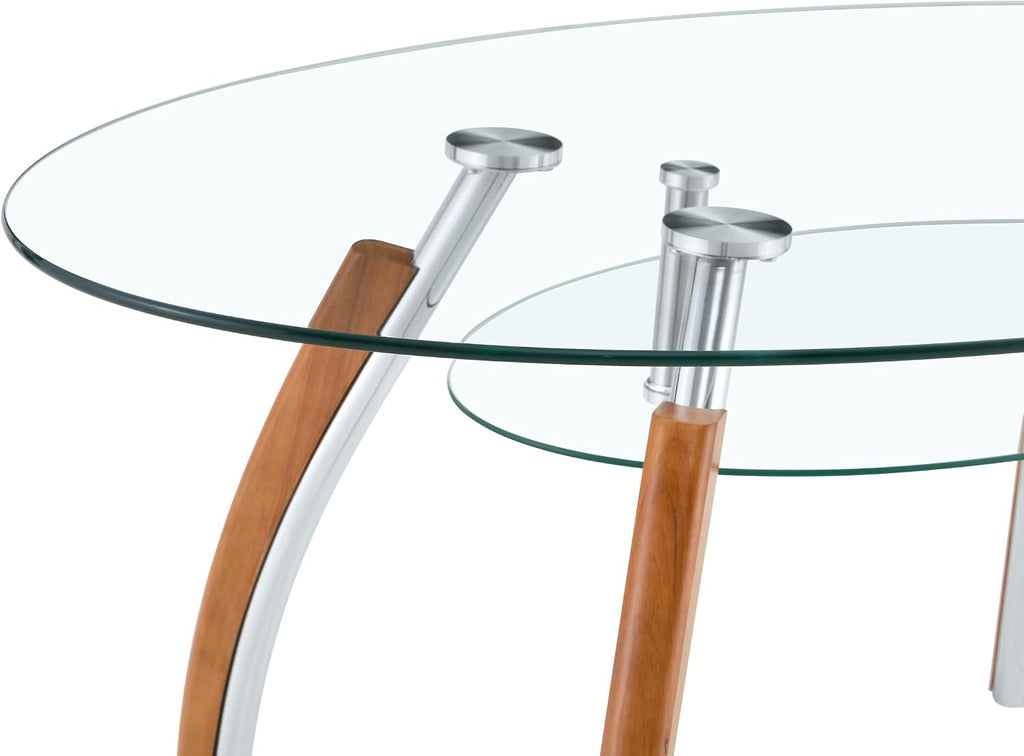 62.87" Glass Dining Table for 4-6, Modern Oval Dining Room Table with 0.39" Tempered Glass Top and Storage Shelf, Kitchen Dinner Table with Silver Electroplated Metal & Solid Rubber Wood Legs