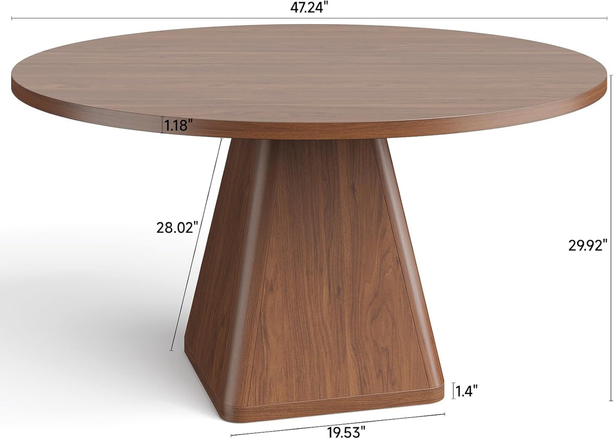 47 Inch Round Dining Table for 4-6, Circle Kitchen Table with Thickened Tabletop, Modern Dining Room Tables with Square Pedestal Base, Dinner Tables for Kitchen Small Space, Walnut (Table Only)