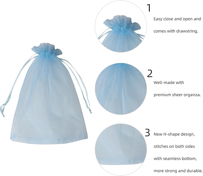 Wudygirl 100PCS Sheer Organza Bags - 5x7 Inch Drawstring Jewelry & Candy Favor Bags for Wedding Party (Sky Blue)