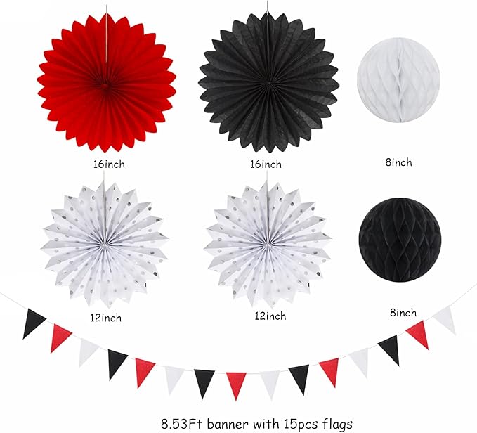 Red-Black White Party-Decorations Paper-Flowers Lanterns - 20PCS Halloween Tissue Pom Poms Streamers Fans Honeycomb, Vintage Baby Shower Birthday Bachelorette Hanging Supplies Decor Burgleda