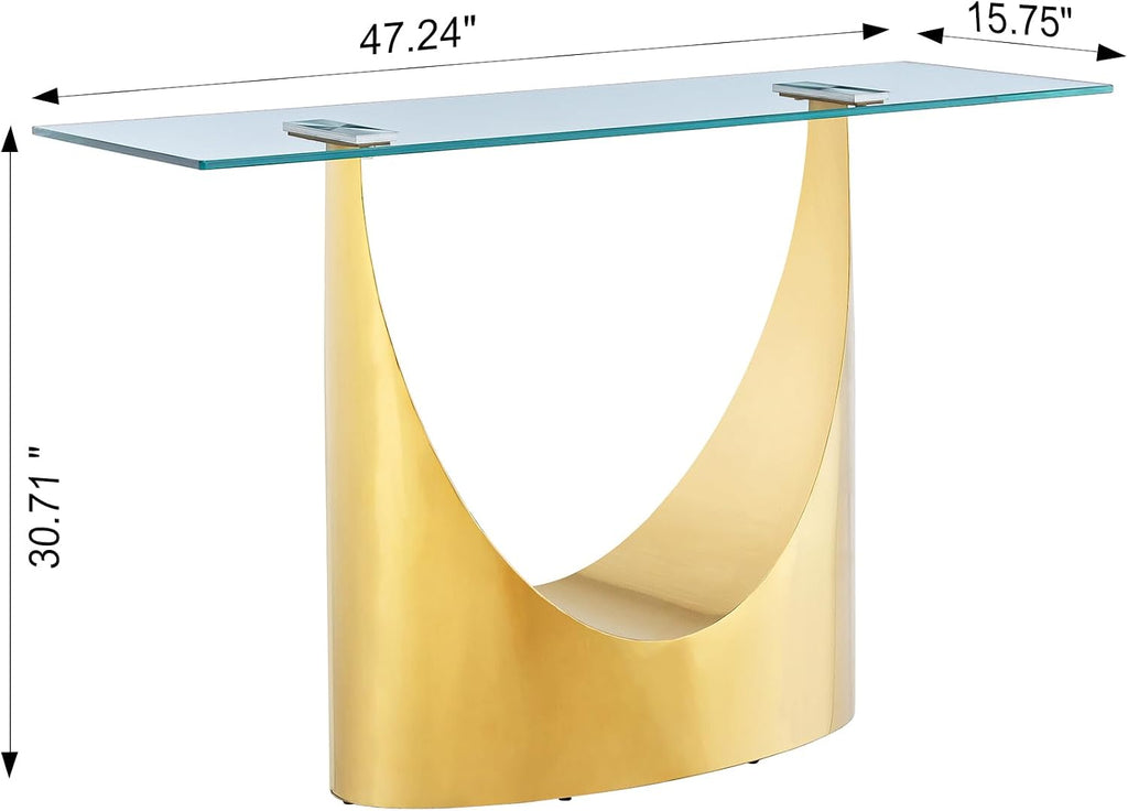 Luxury Gold Glass Console Table, Modern 47" Rectangle Entryway Table with Mirrored U-Shape Stainless Steel Base, Clear Glass Sofa Tables Behind The Couch Hallway Tables for Living Room