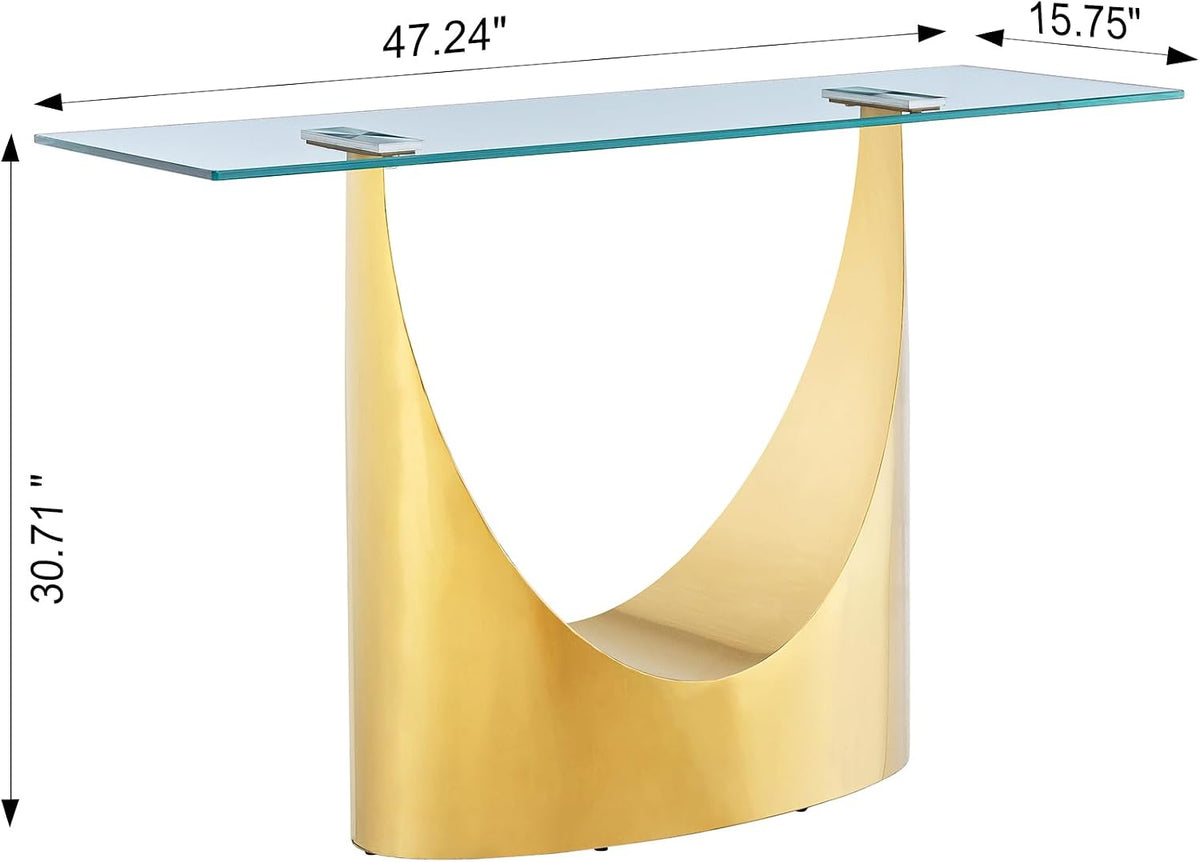 Luxury Gold Glass Console Table, Modern 47" Rectangle Entryway Table with Mirrored U-Shape Stainless Steel Base, Clear Glass Sofa Tables Behind The Couch Hallway Tables for Living Room