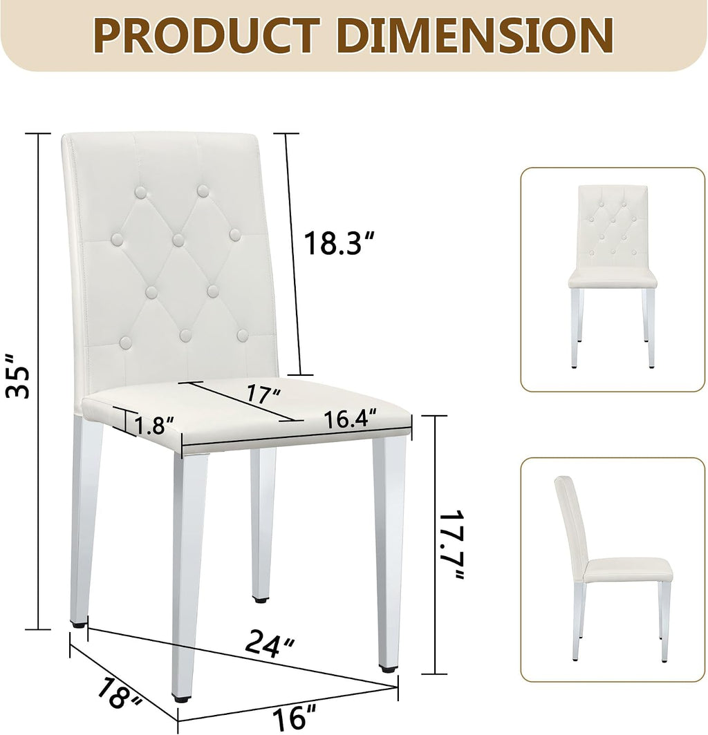 White Dining Chairs Set of 4, Faux Leather, Silver Metal Legs | Button-Tufted Upholstered Parsons Chairs with Padded Seats for Dining Room, Kitchen, Apartment, or Restaurant Use
