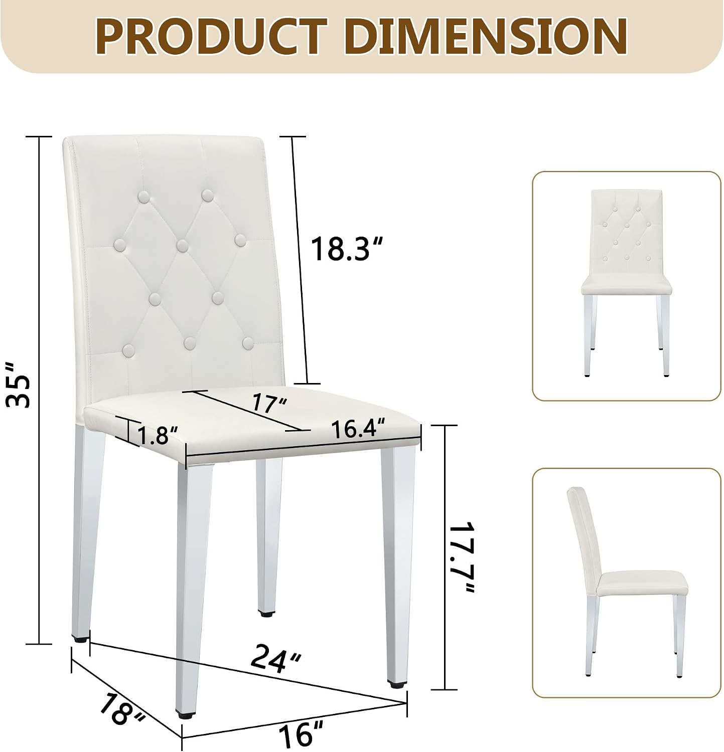 White Dining Chairs Set of 4, Faux Leather, Silver Metal Legs | Button-Tufted Upholstered Parsons Chairs with Padded Seats for Dining Room, Kitchen, Apartment, or Restaurant Use