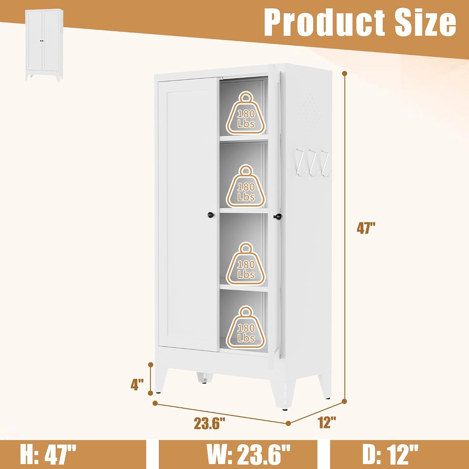 47.3 Inch White Metal Pantry Cabinet Freestanding Storage Organizer with 3 Adjustable Shelves 110lb Per Shelf Heavy Duty Cabinet for Living Room