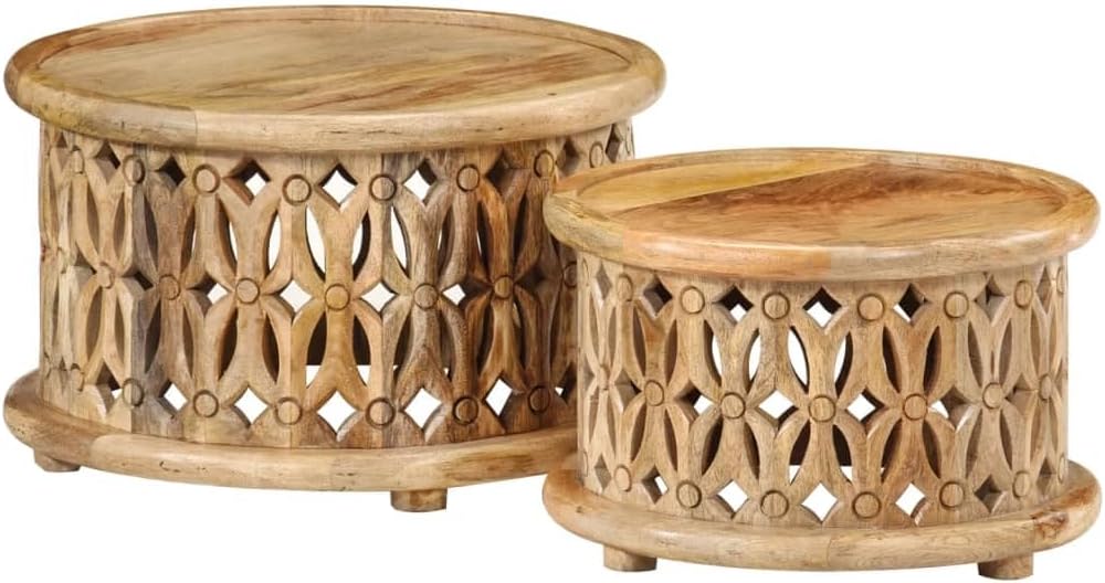 2 Piece Coffee Table Set Solid Mango Wood Round Nesting End Tables for Living Room Brown