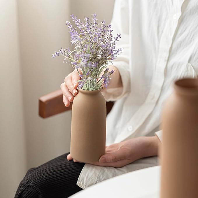 Ceramic Vase Set-3, Small Flower Vases for Decor, Modern Boho Farmhouse Style, Decorative Vases for Pampas Grass & Dried Flowers, Distressed Finish (Earth Tone)
