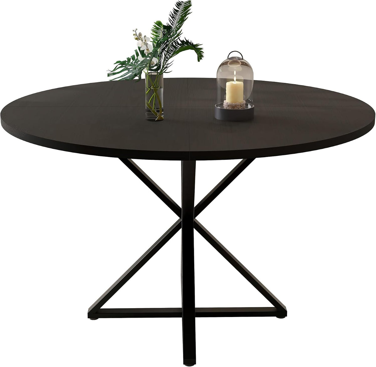 IDEALHOUSE 47 Inch Round Dining Table for 4, Farmhouse Kitchen Table with Metal K-Base, Black Circle Wood Table for Dining Room, Kitchen, Apartment & Living Room (Table Only)