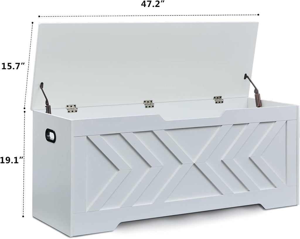 47.2” Storage Bench,Extra Large Wooden Storage Chest with 2 Safety Hinges,entryway Bench,Blanket Storage,Shoe Storage Bench for Entryway,Bedroom,Living Room,Easy Assembly. (White)