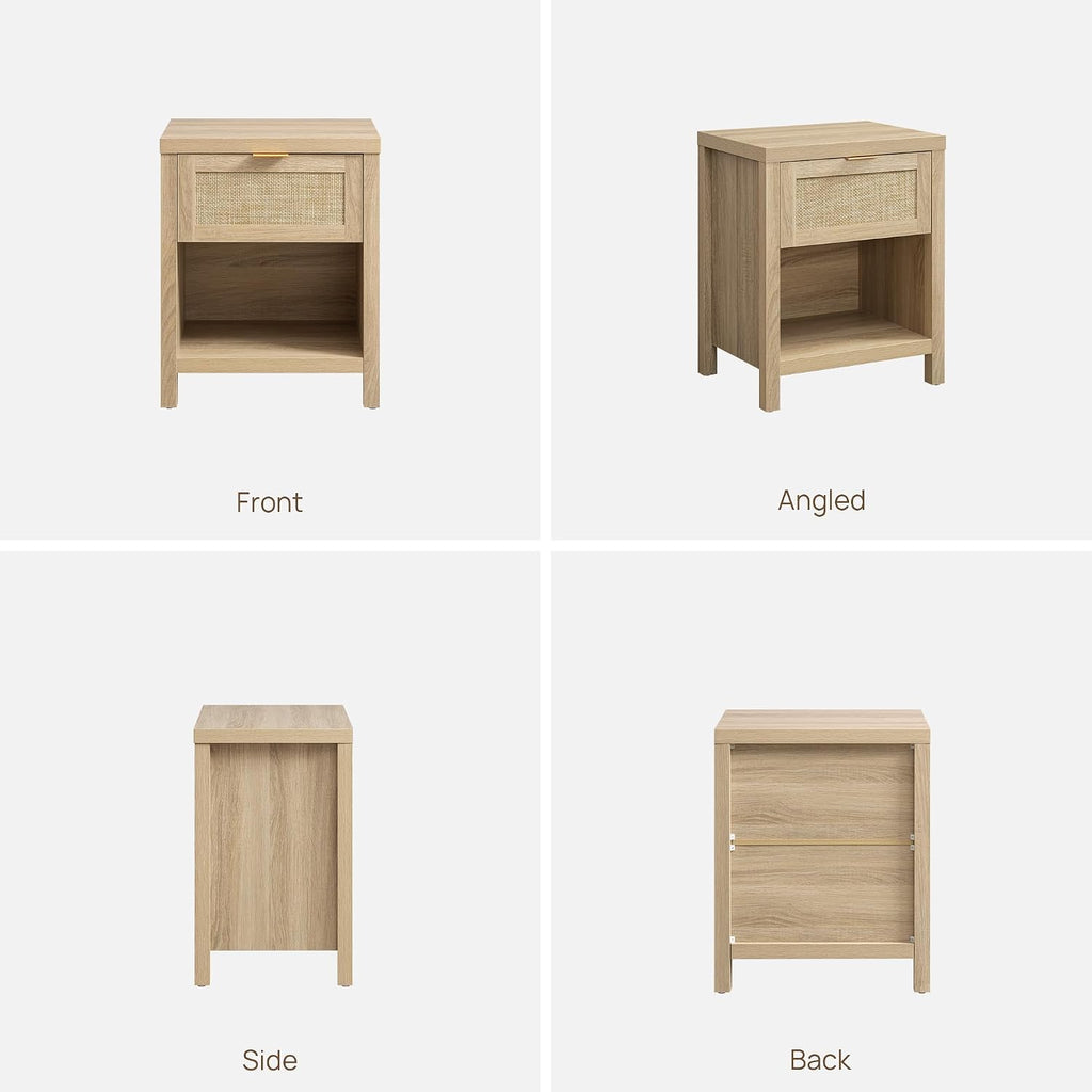 SICOTAS Nightstands Set of 2 Rattan Night Stand with Drawer | Farmhouse Bedside Table with Storage Shelf - Boho End Side Table for Bedroom, Light Oak