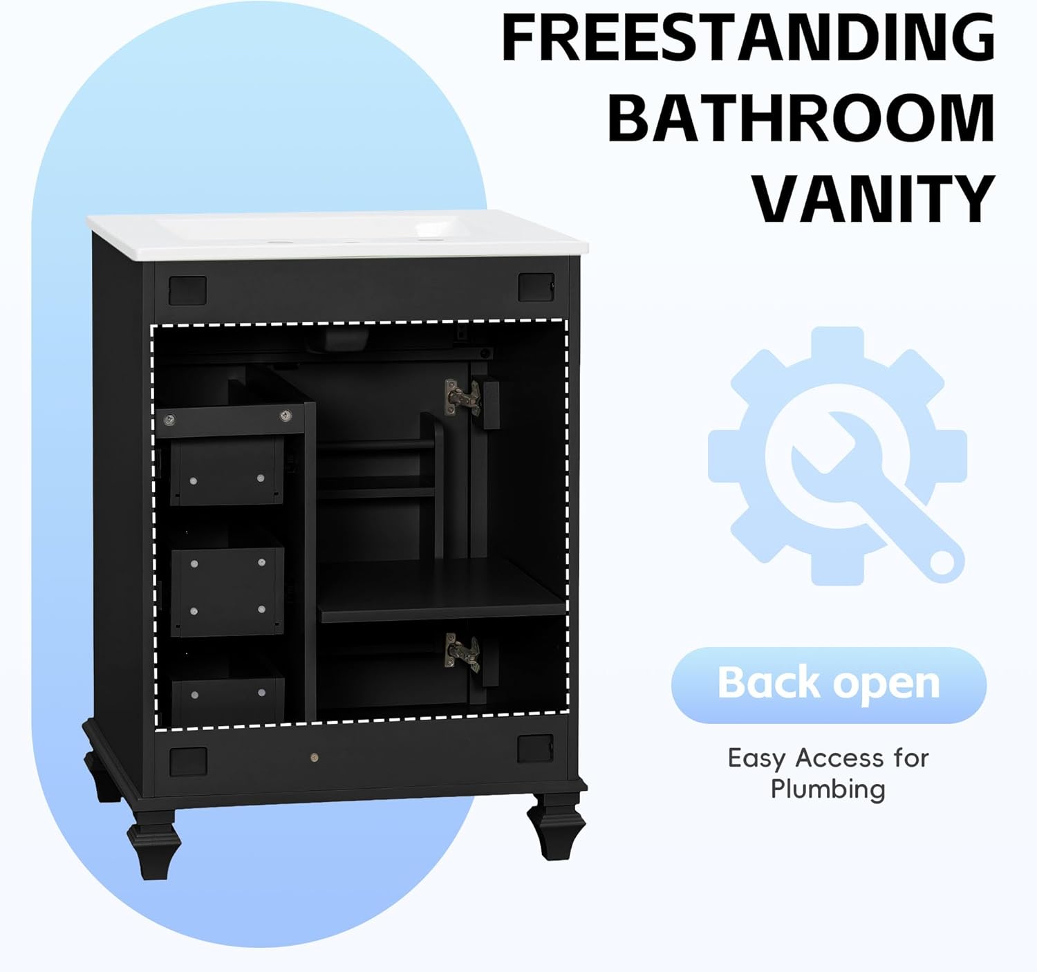 JIVOIT 24 Inch Bathroom Vanity with Ceramic Sink Top, Solid Wood & MDF Vanity Cabinet with Flip-Out Drawer, 3 Drawers & Storage Cabinet, Adjustable Shelf, Door-Mounted Storage Rack (Black-33)