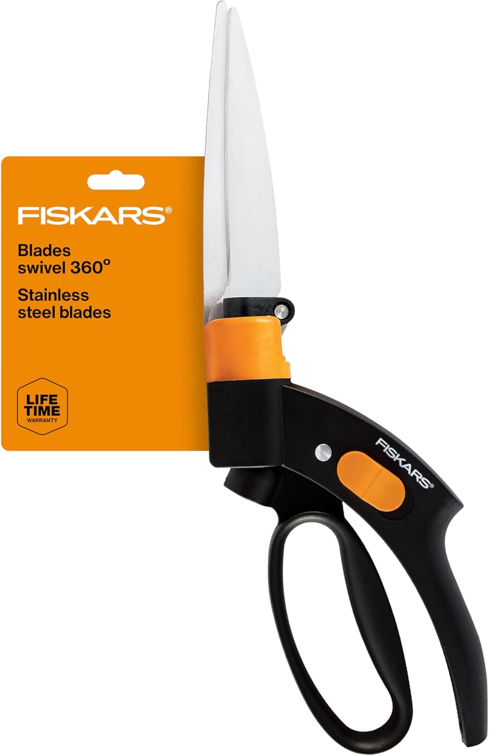 Fiskars Shear Ease Grass Shears - 5" Stainless Steel Blades - 360-Degree Swivel Blade Plant Cutting Scissors - Garden Shears and Grass Cutter, Black