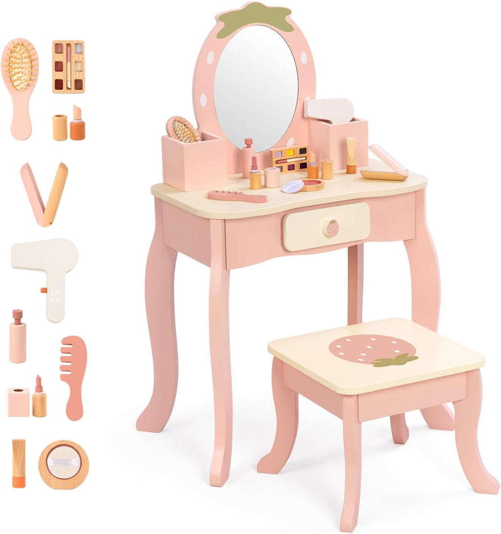 OOOK Toddler Vanity for 3 Year Old with 10pcs Pretend Makeup Accessories | FSC Safety, Kids Vanity and Makeup Table for Kids with Drawer, Pink Strawberry-Themed, Ideal Gift Choice for Girls Aged 3+