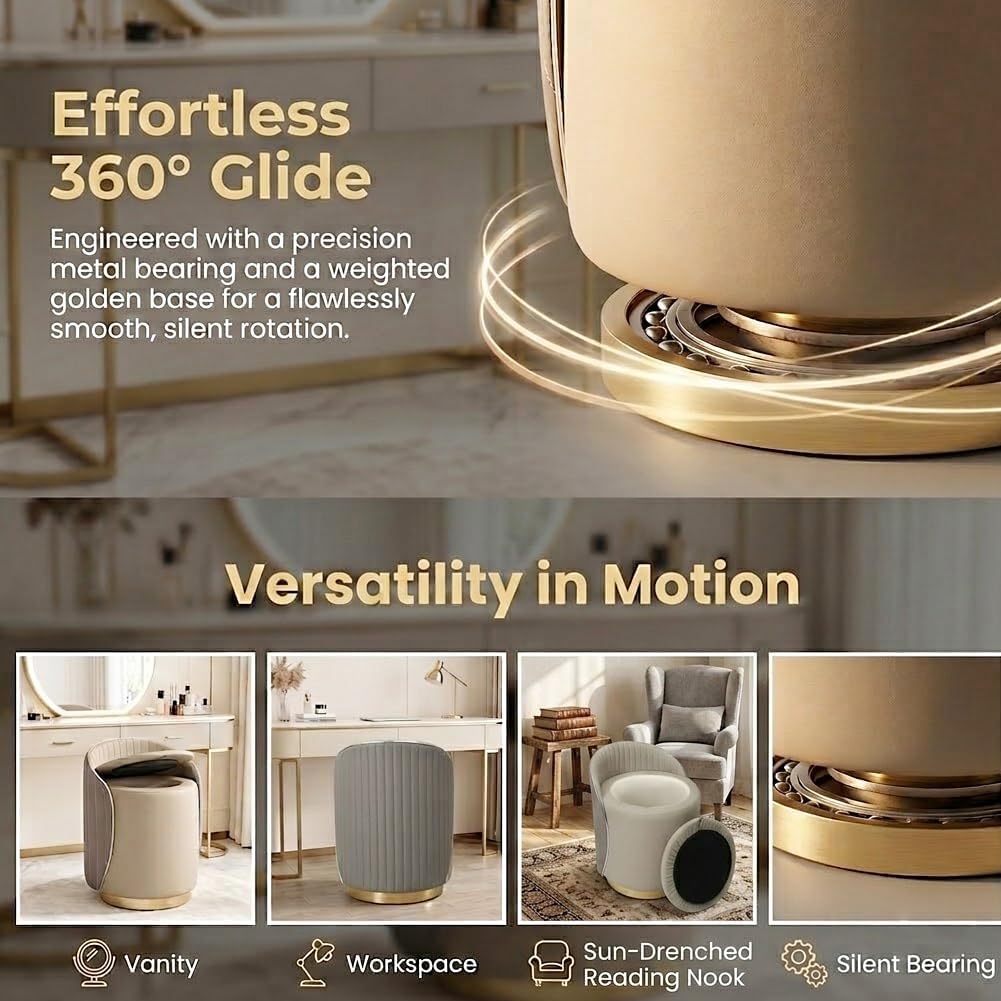 Luxury Vanity Stool with Storage, 360° Swivel Vanity Chair with Back, 400lbs Round Ottoman Leather Makeup Vanity Stool, Dressing Table Seat for Bedroom Bathroom Dressing Room (Gray- B)