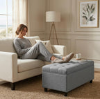 Linen Storage Ottoman Bench 35 inch with Hinged Lid - Multi-Functional Ottoman with Storage for Living Room, Bedroom End of Bed, Entryway Shoe Seat - Easy Assembly, Linen Gray