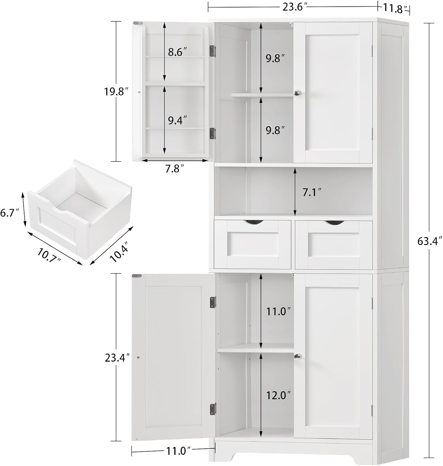 TEENFON Kitchen Pantry Cabinet with Adjustable Shelf, Tall Storage Cabinet with 2 Drawers & 4 Door Shelves, Food Pantry Cabinets, for Kitchen, Dining Room, Living Room, White