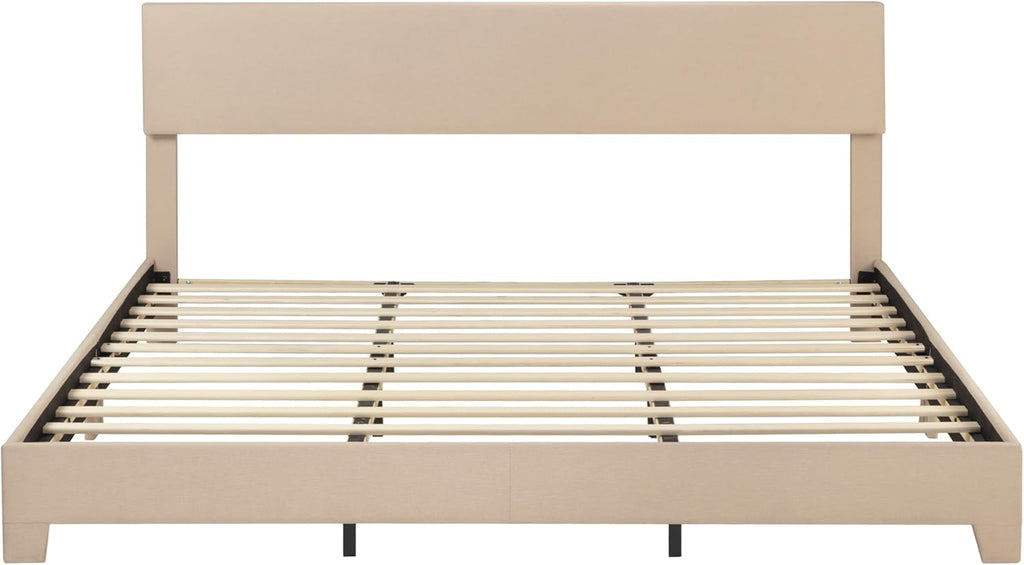 SHA CERLIN Linen Upholstered King Size Bed Frame with Headboard, Beige