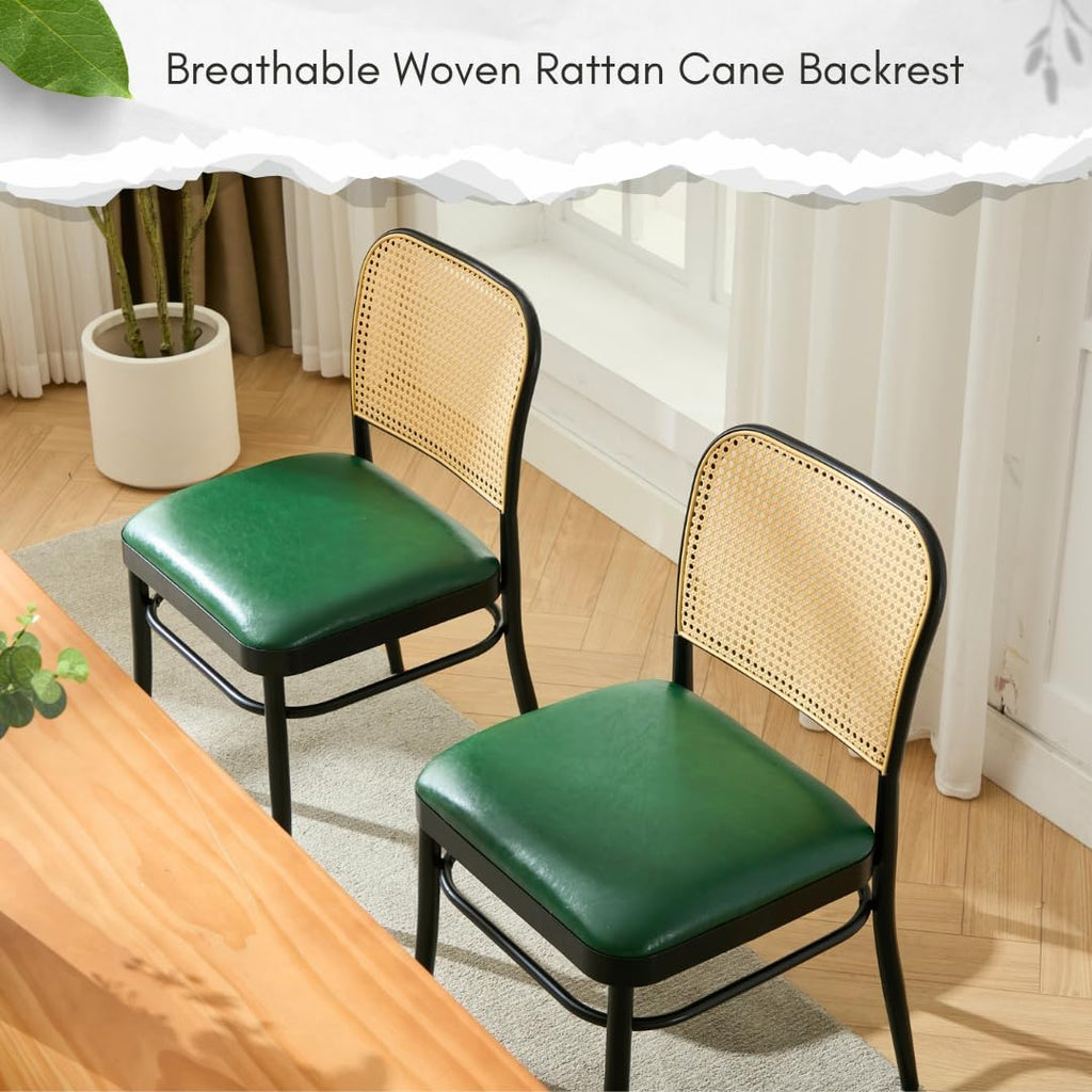 Rattan Dining Chairs Set of 4, Mid-Century Modern, Green | Cane Back Design, Faux Leather Upholstery, Boho Style, Comfortable Padded Seat, 350 LBS Weight Capacity