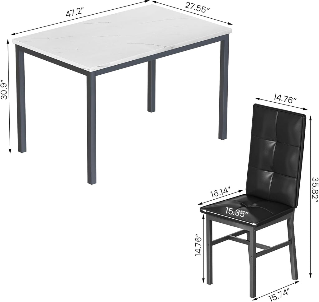 Hooseng Dining Table Set for 4, Faux Marble Small Kitchen Table with 4 PU Leather Chairs, Modern 5 Piece Dinner Table Set for Dining Room, Breakfast Nook, Samll Space, White & Black