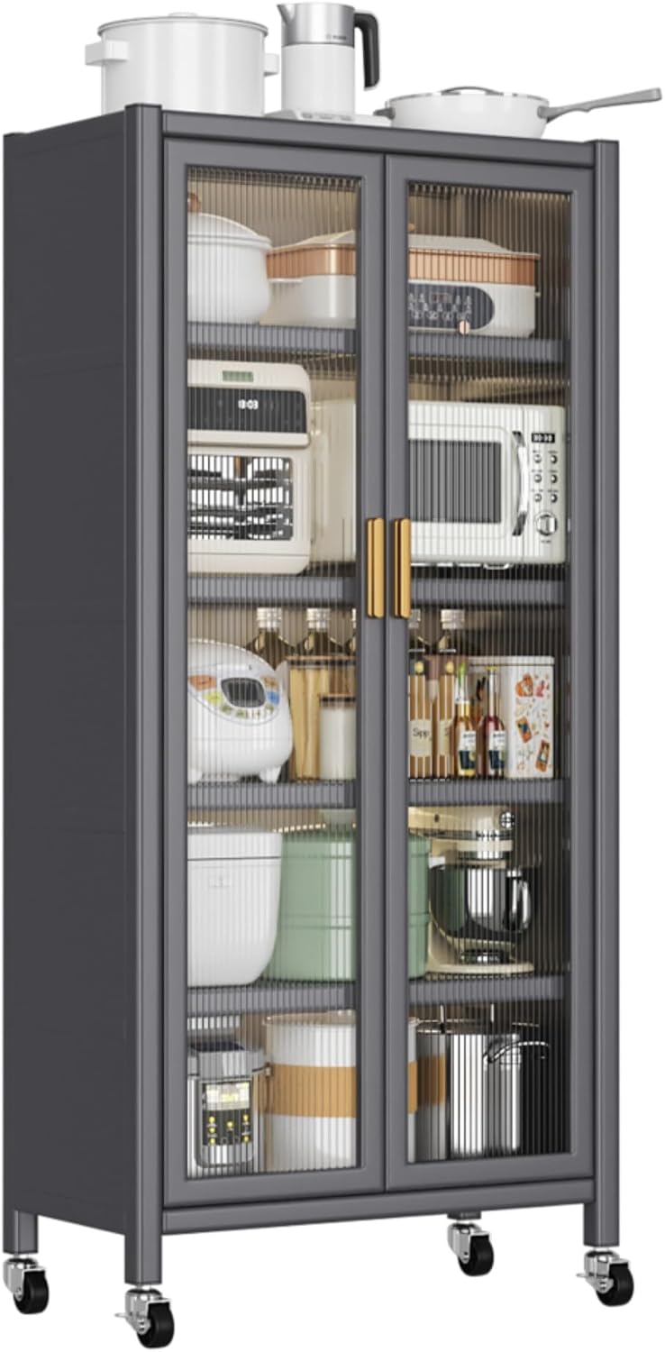 Metal Kitchen Pantry Storage Cabinet on Locking Casters, Double Ribbed Glass Doors, Multi Shelf Organizer for Microwave Appliances, Countertopware, Dining Room, Laundry, Garage (Grey)