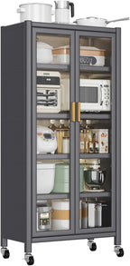 Metal Kitchen Pantry Storage Cabinet on Locking Casters, Double Ribbed Glass Doors, Multi Shelf Organizer for Microwave Appliances, Countertopware, Dining Room, Laundry, Garage (Grey)