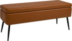 kinmars Leather Storage Ottoman Bench, End of Bed Bench with Steel Legs | Brown Leather Smooth Upholstery Design | 660 lb Capacity | Safety Hinges |Mid-Century Modern Style | Bedroom & Entryway