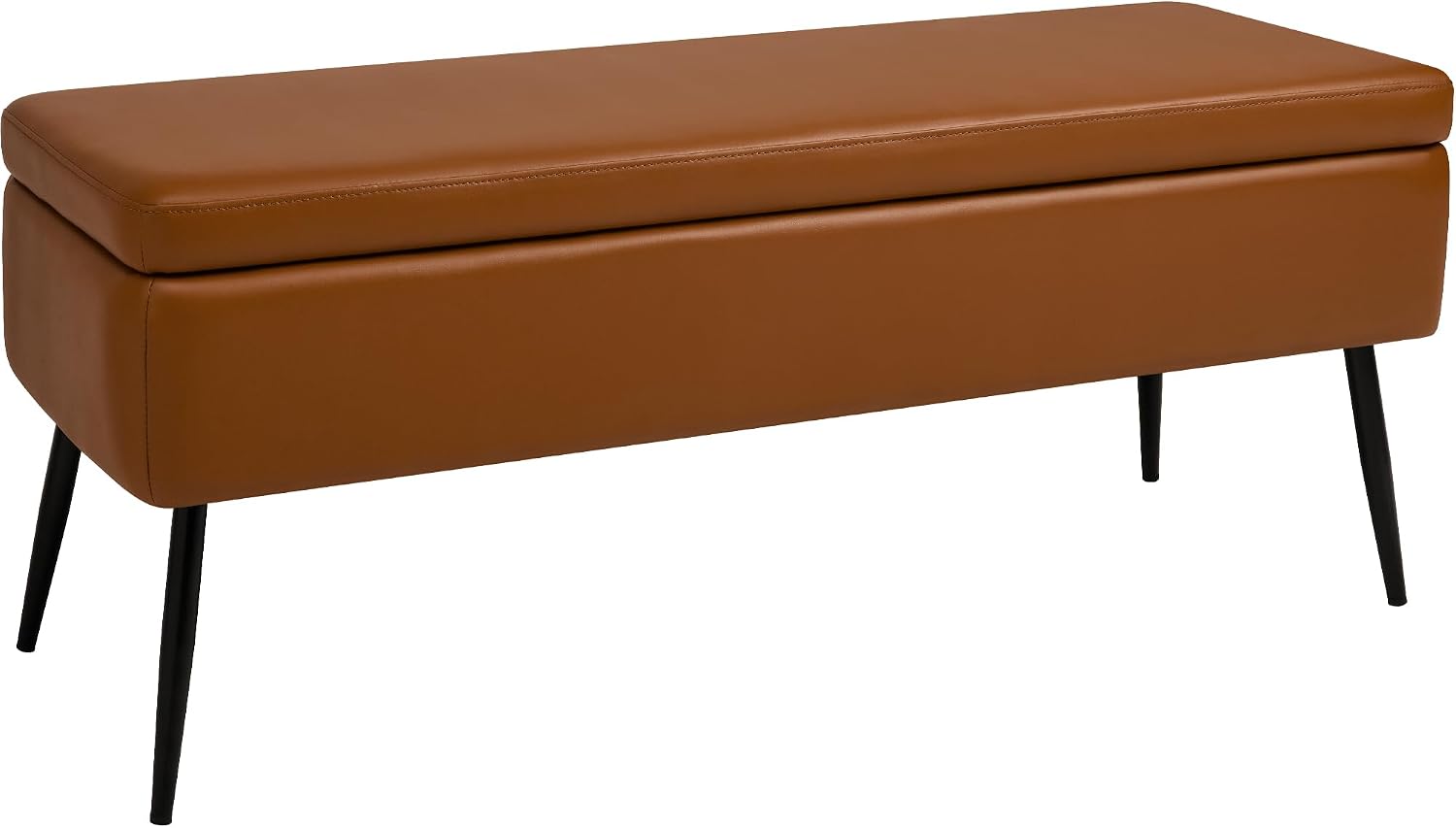 kinmars Leather Storage Ottoman Bench, End of Bed Bench with Steel Legs | Brown Leather Smooth Upholstery Design | 660 lb Capacity | Safety Hinges |Mid-Century Modern Style | Bedroom & Entryway