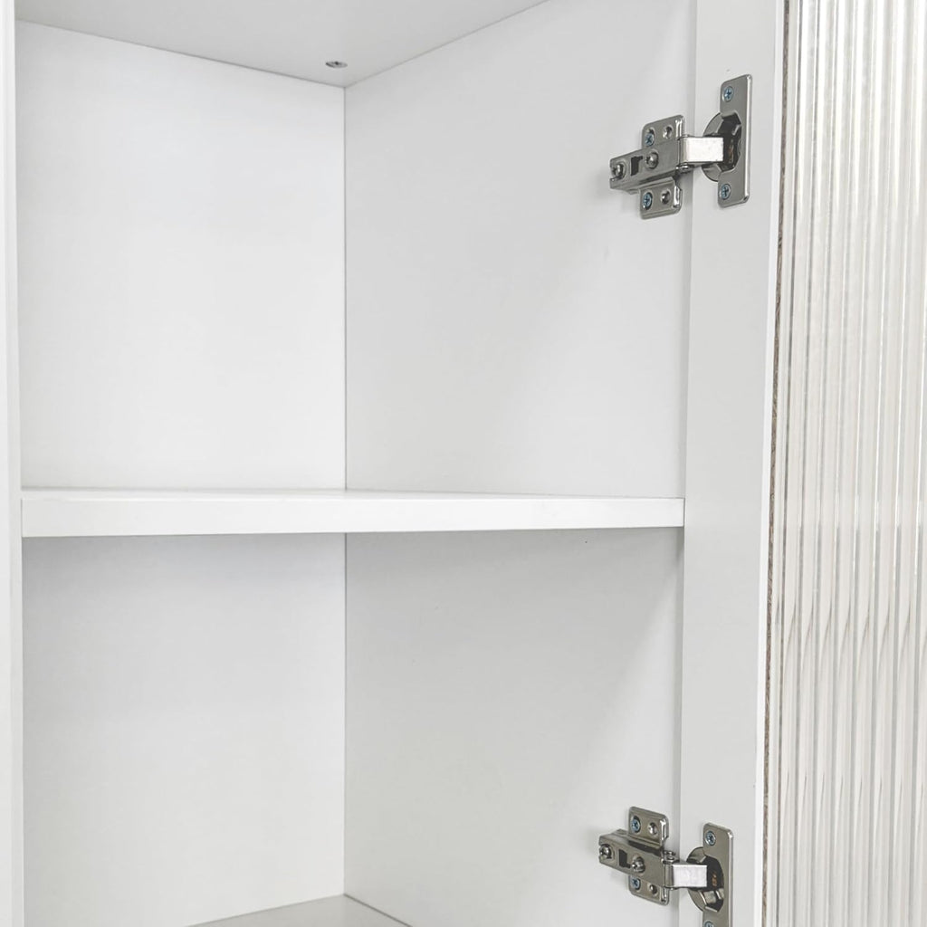 Pull-Out Kitchen Pantry Cabinet with Multi-Tier Shelves, Glass Doors & Spice Rack, Freestanding Wood Hutch Storage Cabinet Next to Refrigerator for Coffee Bar, Dining Room, Narrow Spaces