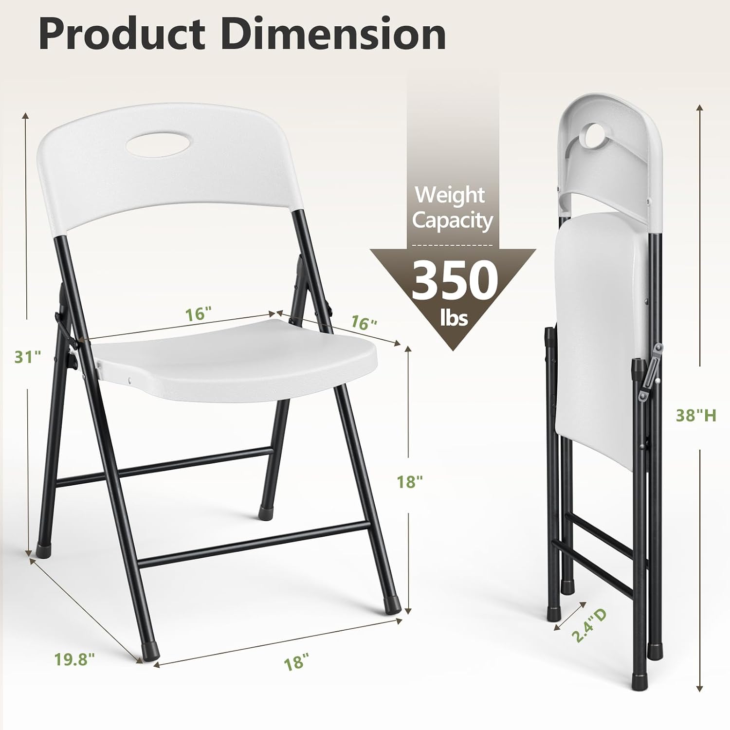 Folding Chairs 4 Pack, Outdoor White Folding Chairs for Outside Indoor, Portable 350 lbs Capacity Heavy Duty Plastic Metal Foldable Chairs Commercial Seating for Picnic, Party, Patio