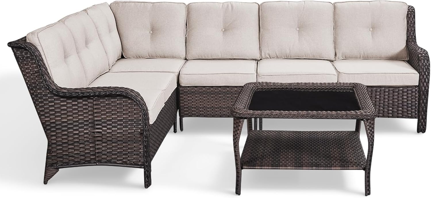 Belord Patio Furniture Set 6 Seats, Oversized Outdoor Sectional Couch, Two 3-Seater Sofas with Coffee Table, Patio Conversation Sets,Ideal for Porch, Deck, Brown Wicker/Beige