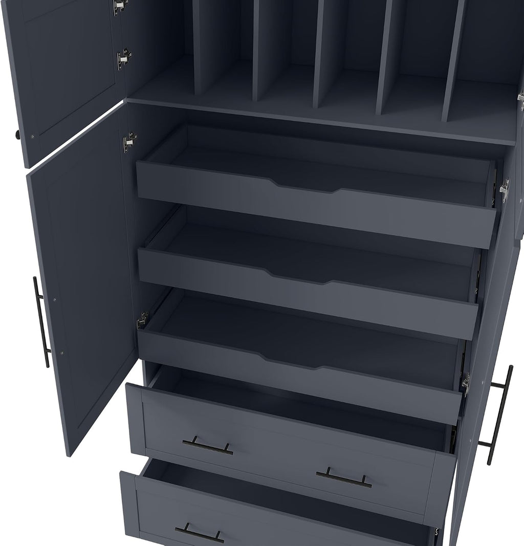 Farmhouse Freestanding Kitchen Pantry, 72.6''H Tall Wooden Kitchen Storage Cabinet with 2 Doors, Pull-out Trays, 2 Drawers and Cake Pan Storage Organizer for Dining Room Living Room (Grey-1.12)