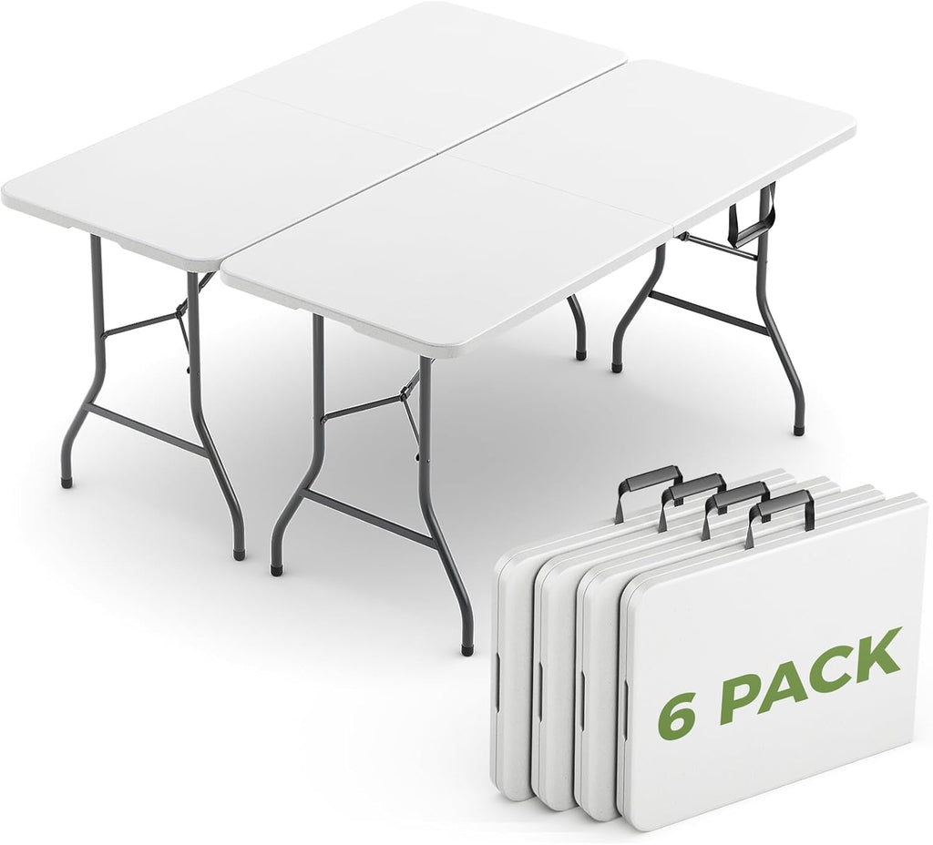 Folding Table 6 Pack, 6 FT Foldable Plastic Table with Carrying Handle, Heavy Duty Portable Fold-in-Half Utility Table for Party, Camping, Banquet, Craft, Wedding, Indoor & Outdoor Use