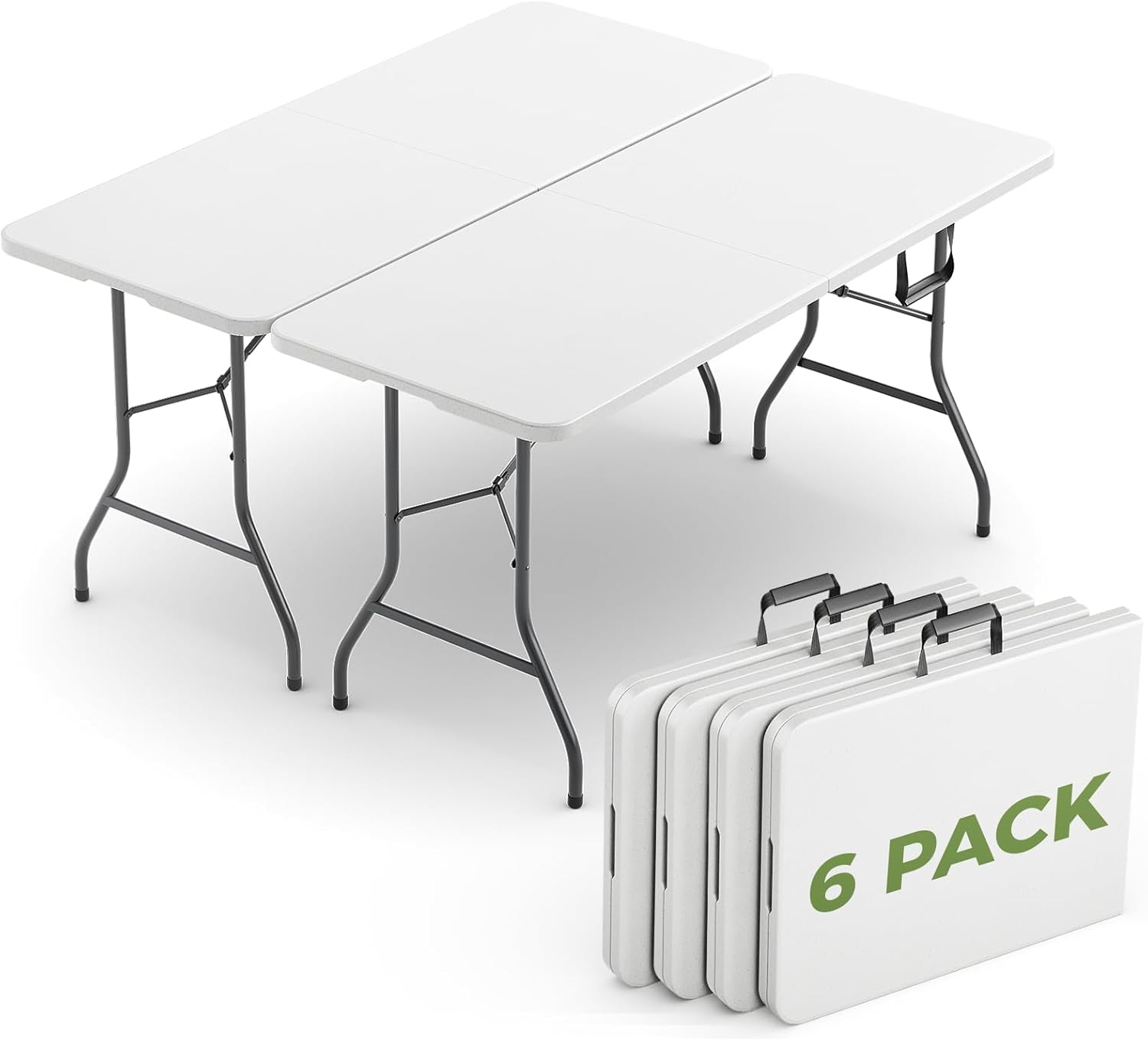 Folding Table 6 Pack, 6 FT Foldable Plastic Table with Carrying Handle, Heavy Duty Portable Fold-in-Half Utility Table for Party, Camping, Banquet, Craft, Wedding, Indoor & Outdoor Use
