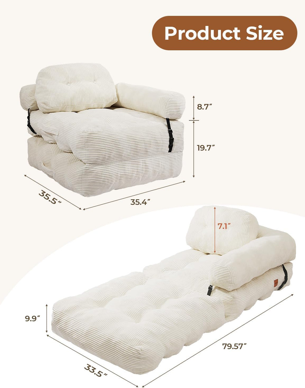 Folding Sofa Bed, L-Shaped Couch Back Support and Arm Pillow Futon | Convertible Sofa Bed for Living Room/Guest Use/Home Office, Foldable Couch for Adults, Beige