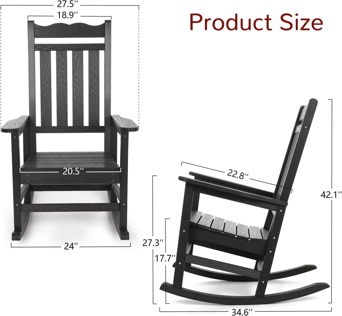 Stoog Patio Rocking Chair, All-Weather Porch Rocker, 400 lbs Weight Support, Never Fade or Rot, for Backyard, Fire Pit, Lawn and Garden, Black