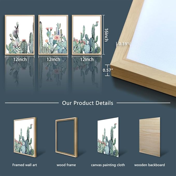 Framed Wall Art For Living Room Wall Decor Bedroom Wall Picture Artwork Of 3 Piece Green Plants Succulent Cactus Flower Painting Ready To Hang Modern Kitchen Home Decoration (Natural Wood Framed)