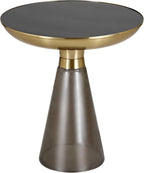 LeisureMod Side Table, Mid-Century Modern Accent End Table with Round Tempered Glass Top & Brushed Gold Iron Pedestal Base, for Small Spaces, Living Room, Coffee, Bedroom, Hyalus Collection in Smoke