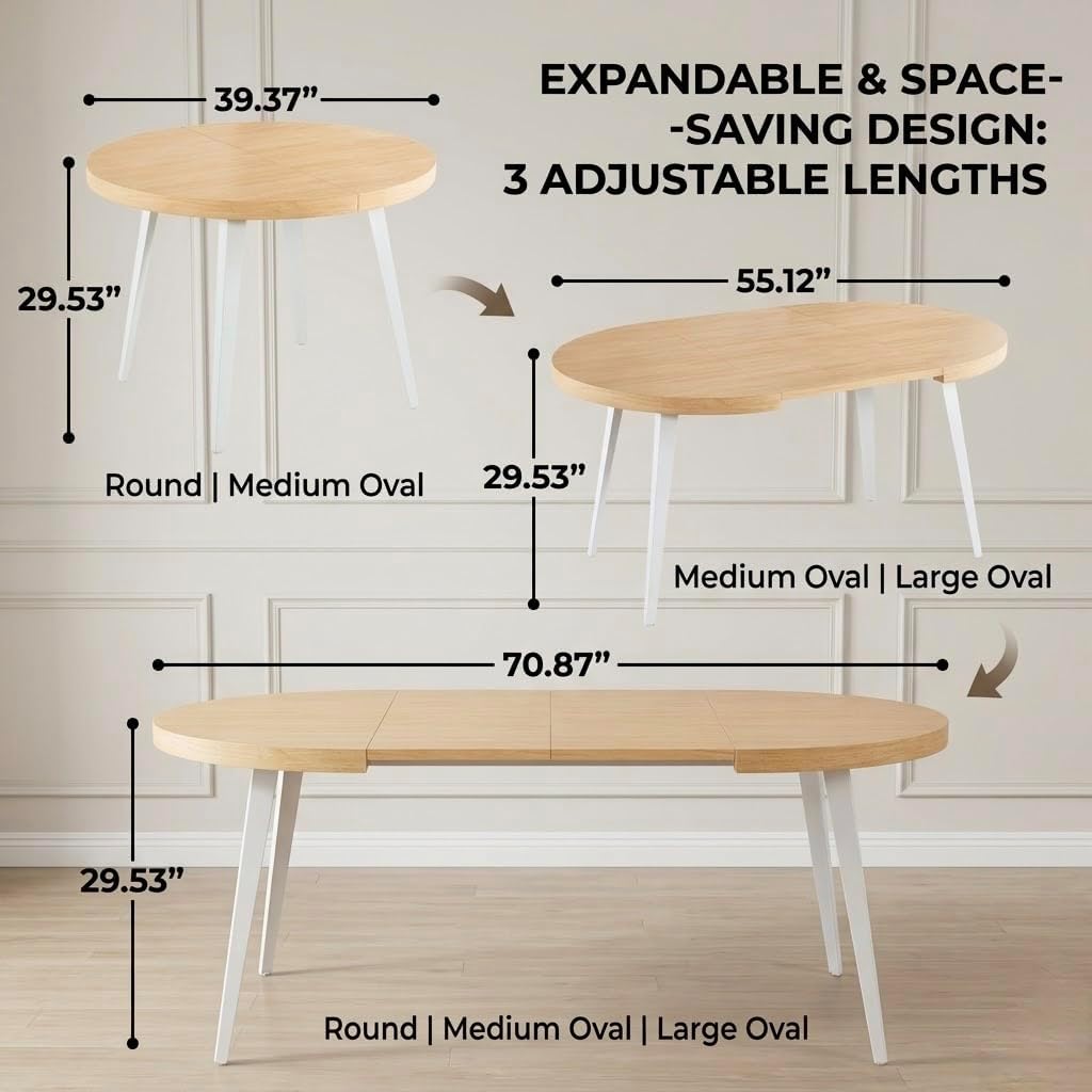 Extendable Dining Table Office Desk with Metal Legs and MDF Top, Expandable Wooden Conference Table for Home Kitchen Meeting Room, 3-Size Adjustable Modern Workstation Coffee Table in Oak Finish