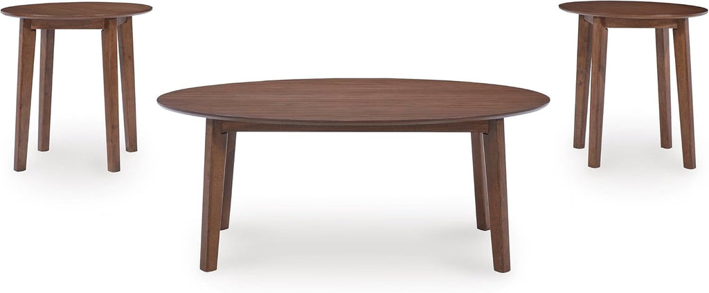 GTU Furniture Casual Wood Veneer Round 3-Piece Coffee Table Set, Cocktail Table with 2 Matching End Tables, Brown Finish for Living Room