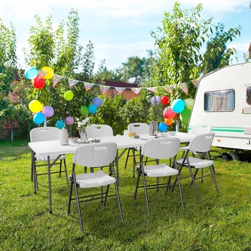 VINGLI White Card Square Table, 34 inch Foldable Legs Full Table Top, Easy to Set up and Store, Folding Portable for Game Puzzles, Gathering, Party, Dining, Indoor, Outdoor, Outside