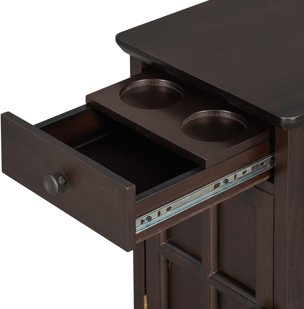 Traditional Narrow End Table with Charging Station, Antique Espresso Wood Side Table with Drawer Storage, No Assembly, for Living Room, Bedroom, or Office