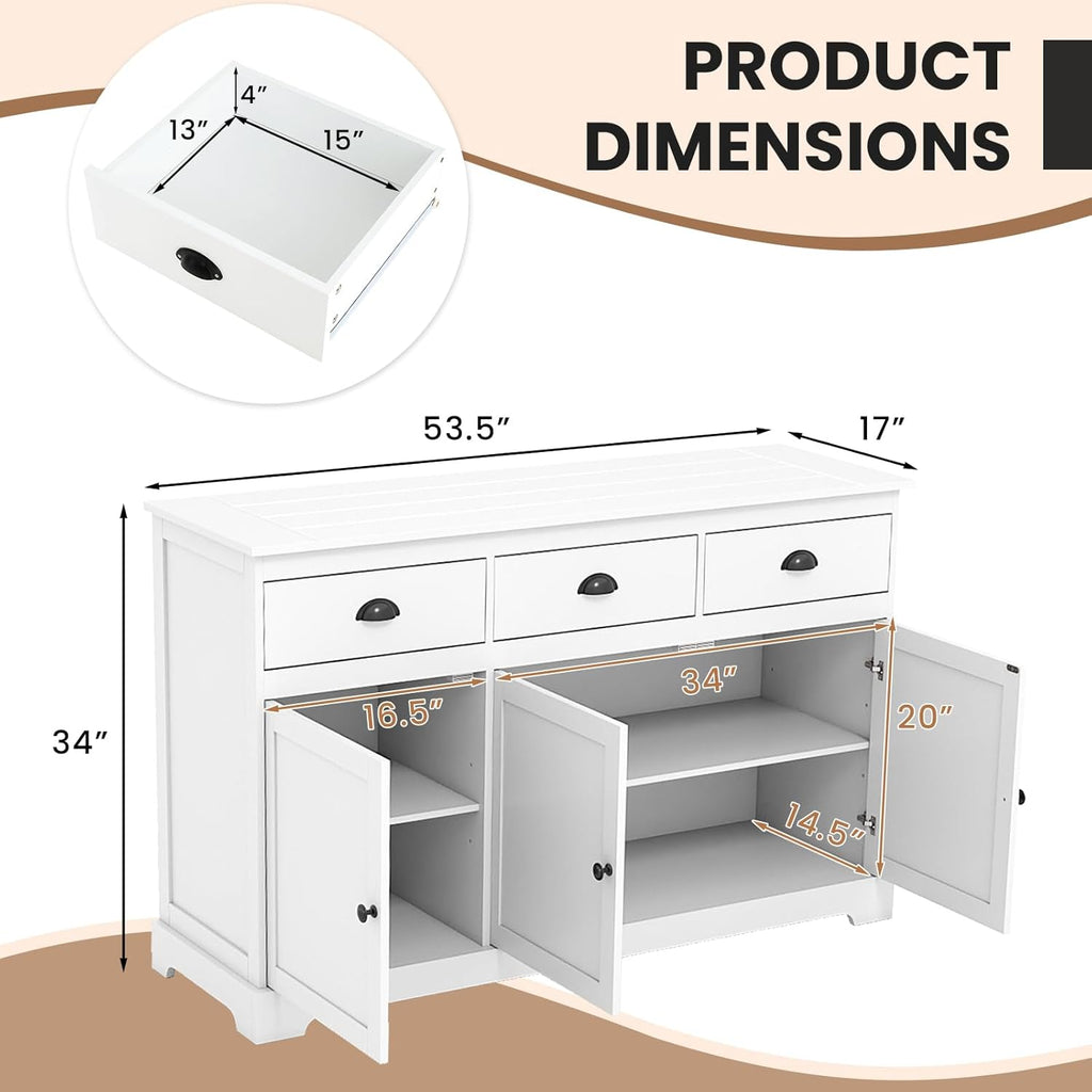 COSTWAY Sideboard Buffet Cabinet with Storage, Modern Coffee Bar Station with Drawers, Doors and Adjustable Shelves, Wooden Kitchen Storage Cabinet for Room (White)